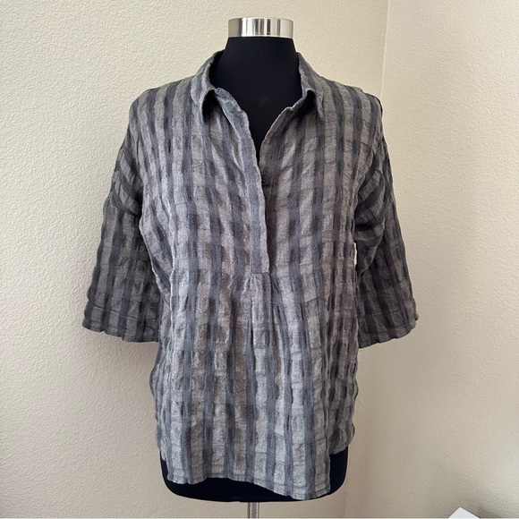 Poetry Linen Blend Brown Gray Plaid Check Blouse Size 6 - Picture 1 of 11